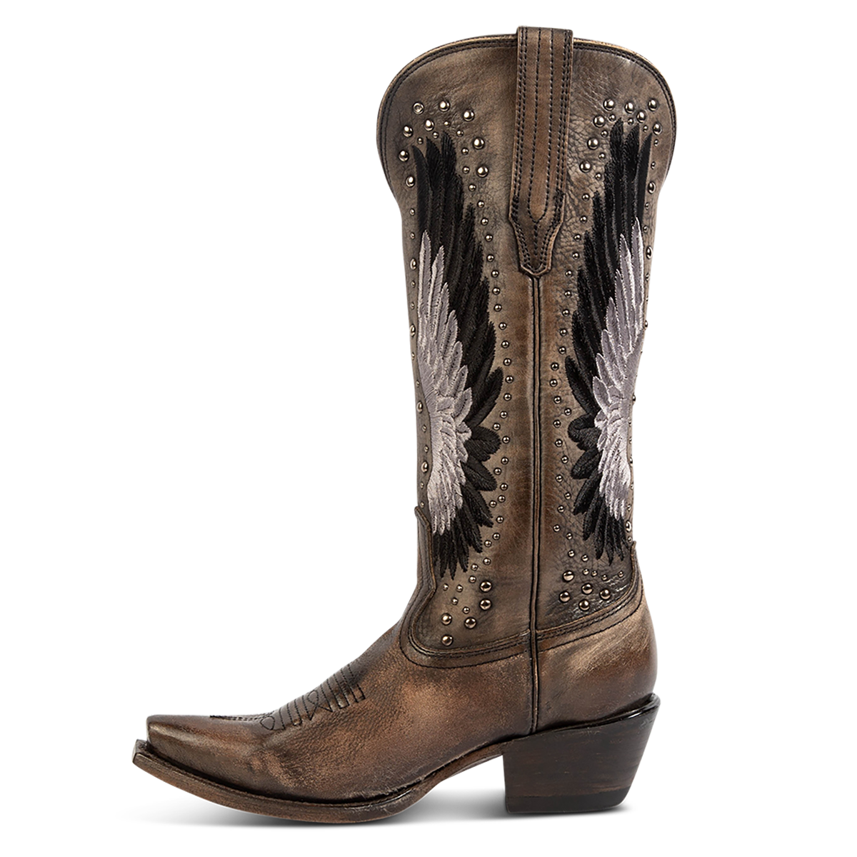 Inside view showing FREEBIRD women's Angel black leather western boot with stitch wings, stud embellishments and leather pull straps