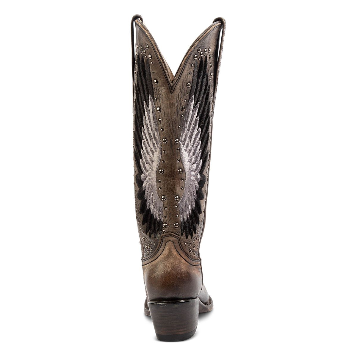 Back view showing FREEBIRD women's Angel black leather western boot with a slant heel, stitch wings and stud embellishments