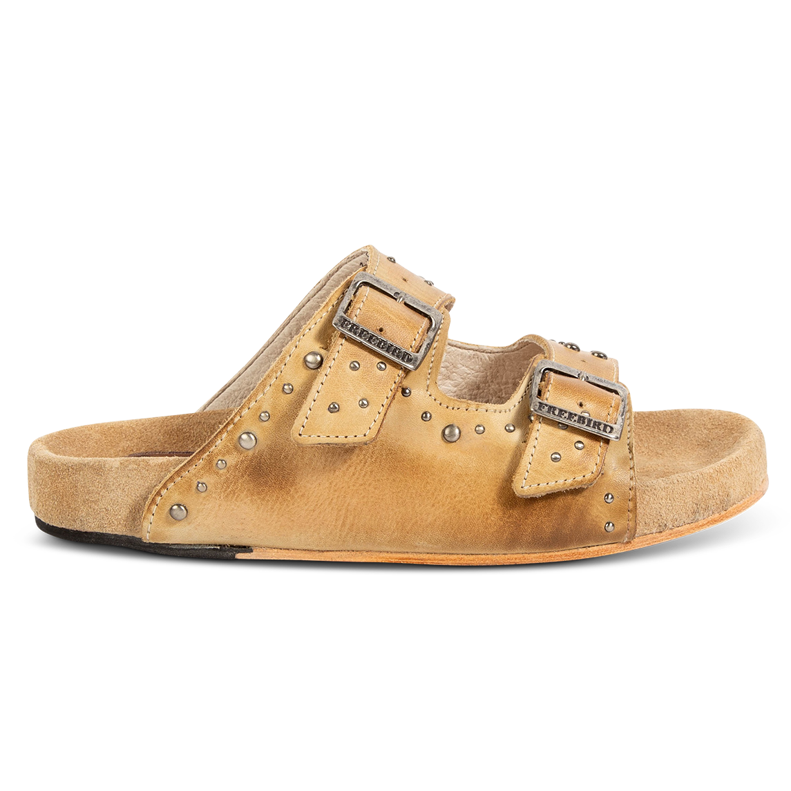 FREEBIRD women's Asher natural sandal with adjustable belt buckles, a suede footbed and silver embellishments