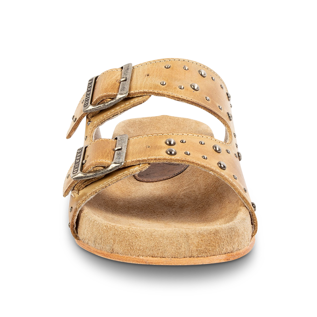 Front view showing FREEBIRD women's Asher natural sandal with adjustable belt buckles, a suede footbed and silver embellishments