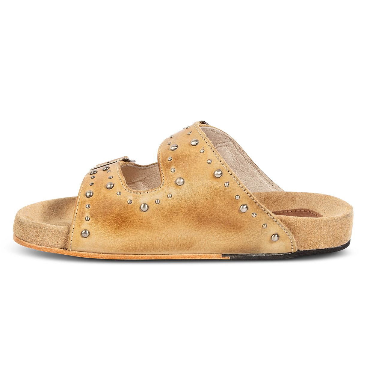Inside view showing FREEBIRD women's Asher natural sandal with adjustable belt buckles, a suede footbed and silver embellishments