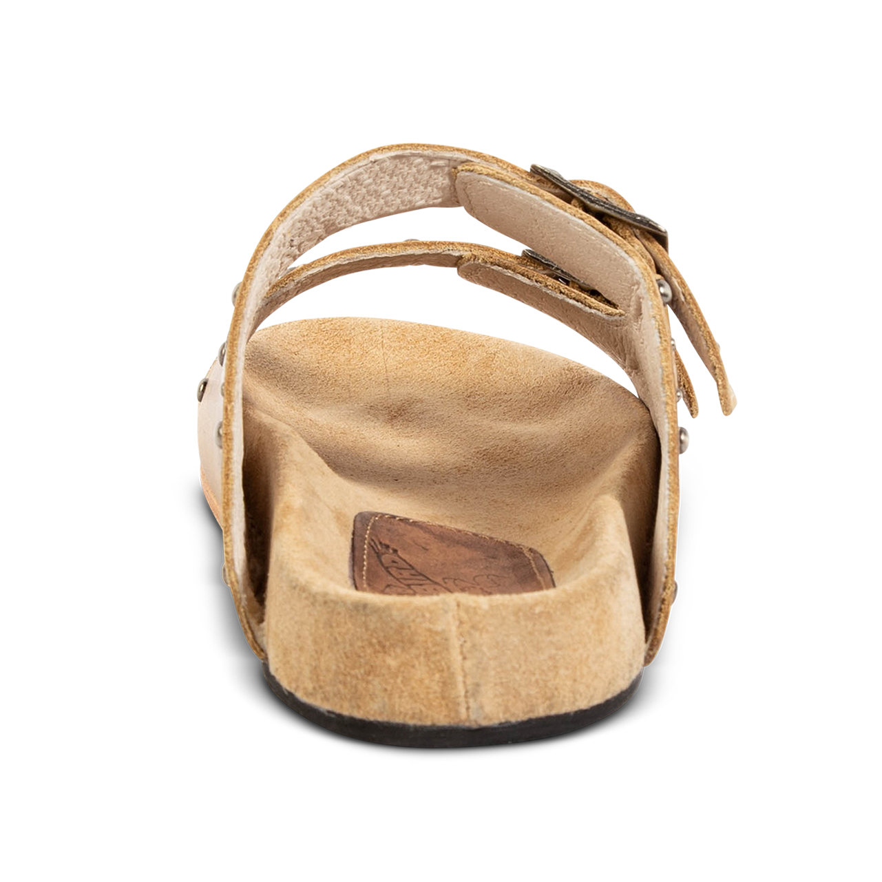 Back view showing FREEBIRD women's Asher natural sandal with adjustable belt buckles, a suede footbed and silver embellishments