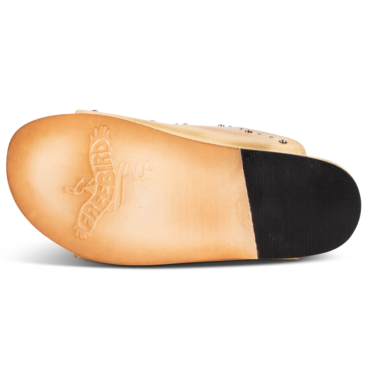Leather sole with a tread heel imprinted with FREEBIRD on women's Asher natural sandal