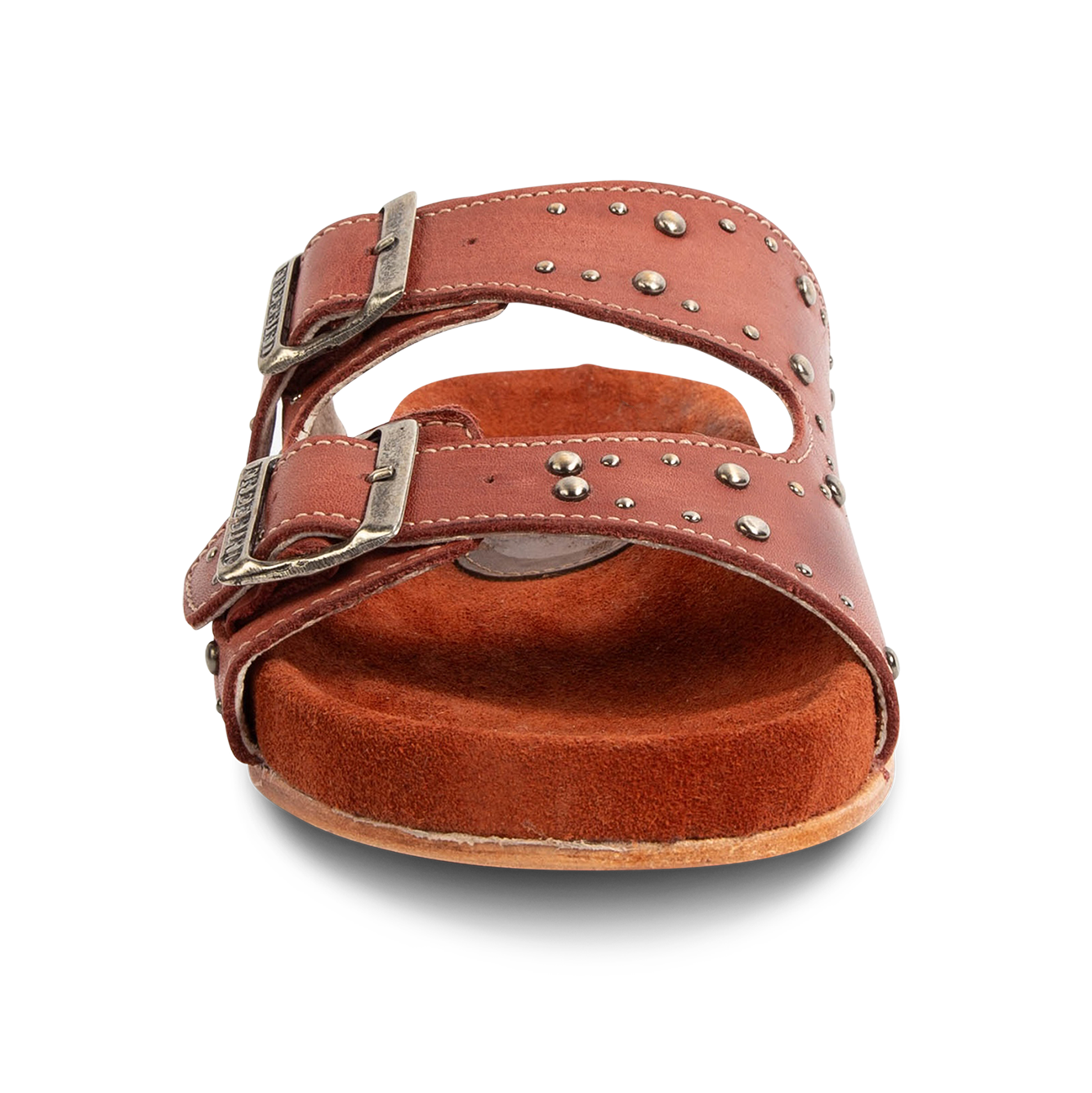 Front view showing FREEBIRD women's Asher rust sandal with adjustable belt buckles, a suede footbed and silver embellishments