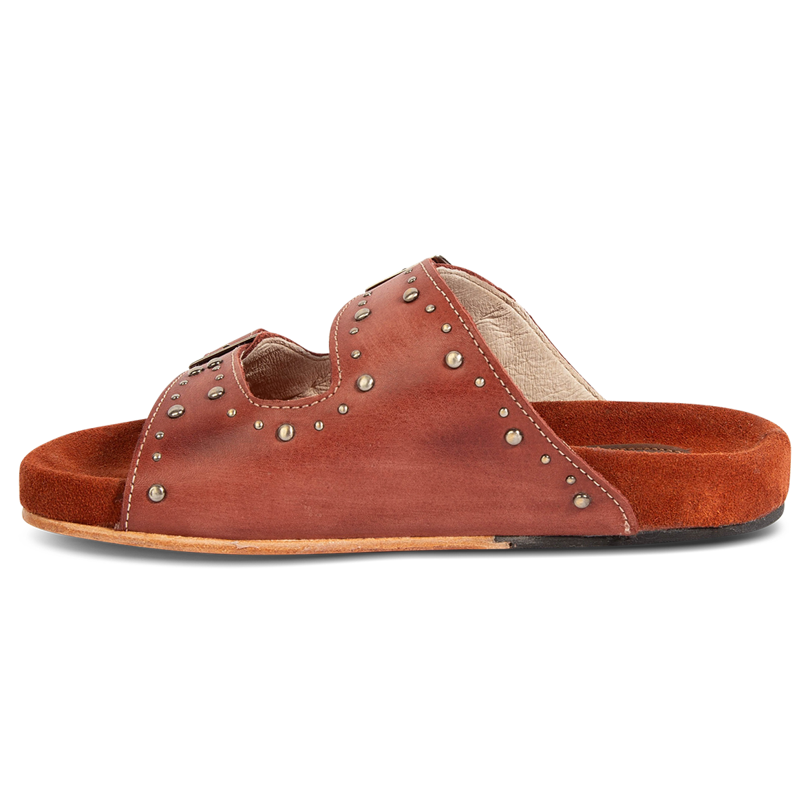 Inside view showing FREEBIRD women's Asher rust sandal with adjustable belt buckles, a suede footbed and silver embellishments