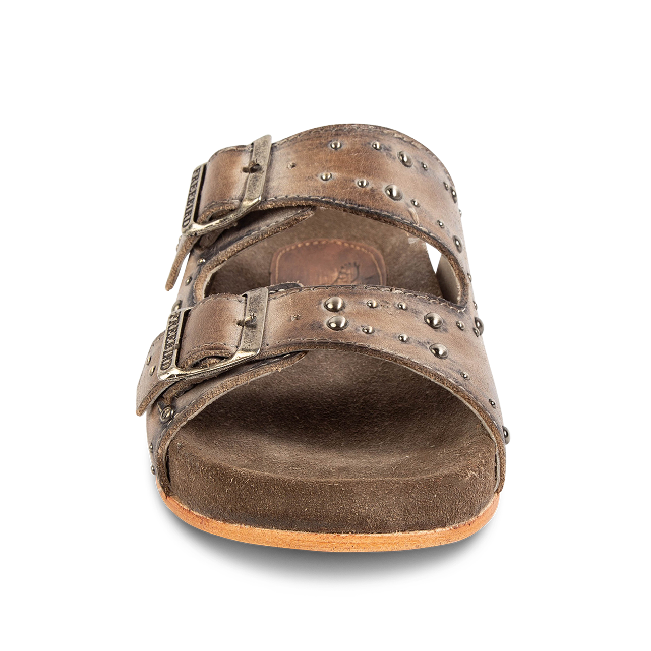 Front view showing FREEBIRD women's Asher stone sandal with adjustable belt buckles, a suede footbed and silver embellishments