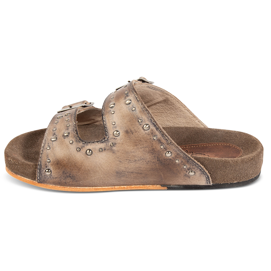Inside view showing FREEBIRD women's Asher stone sandal with adjustable belt buckles, a suede footbed and silver embellishments