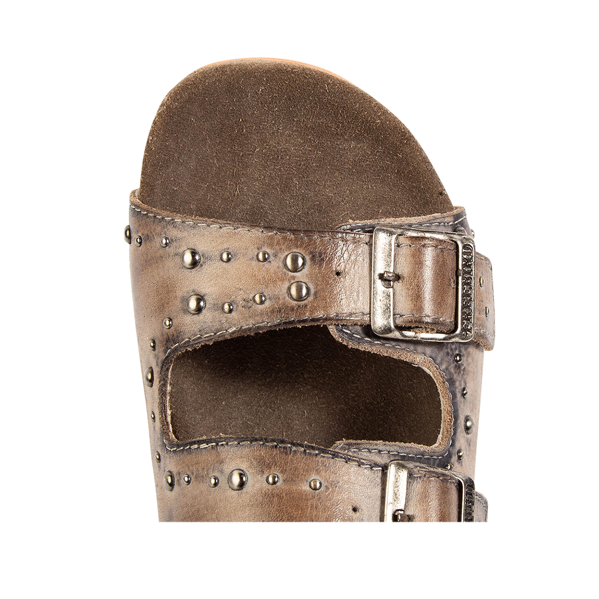 Top view showing a rounded exposed toe bed on FREEBIRD women's Asher stone sandal