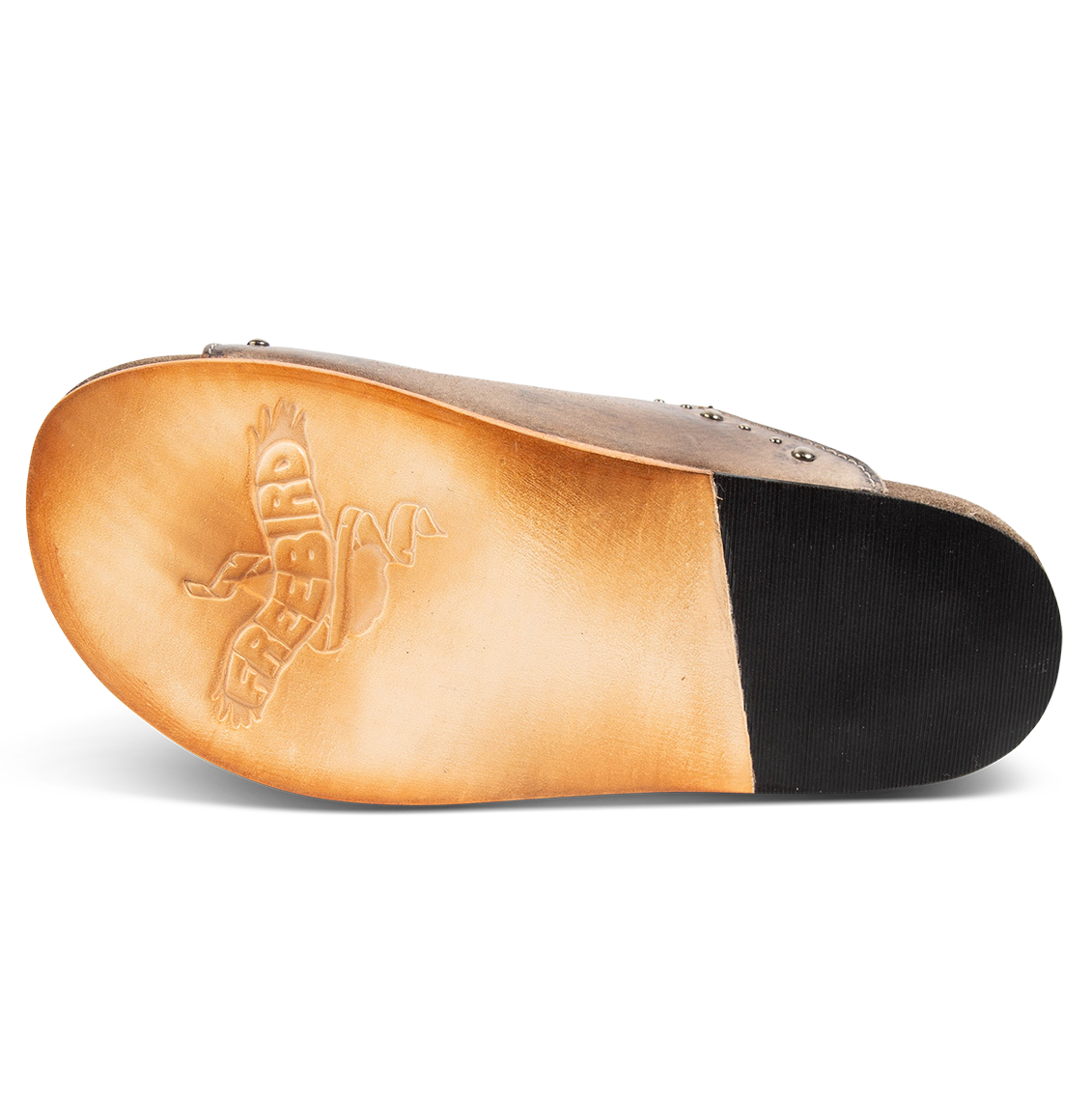 Leather sole with a tread heel imprinted with FREEBIRD on women's Asher stone sandal