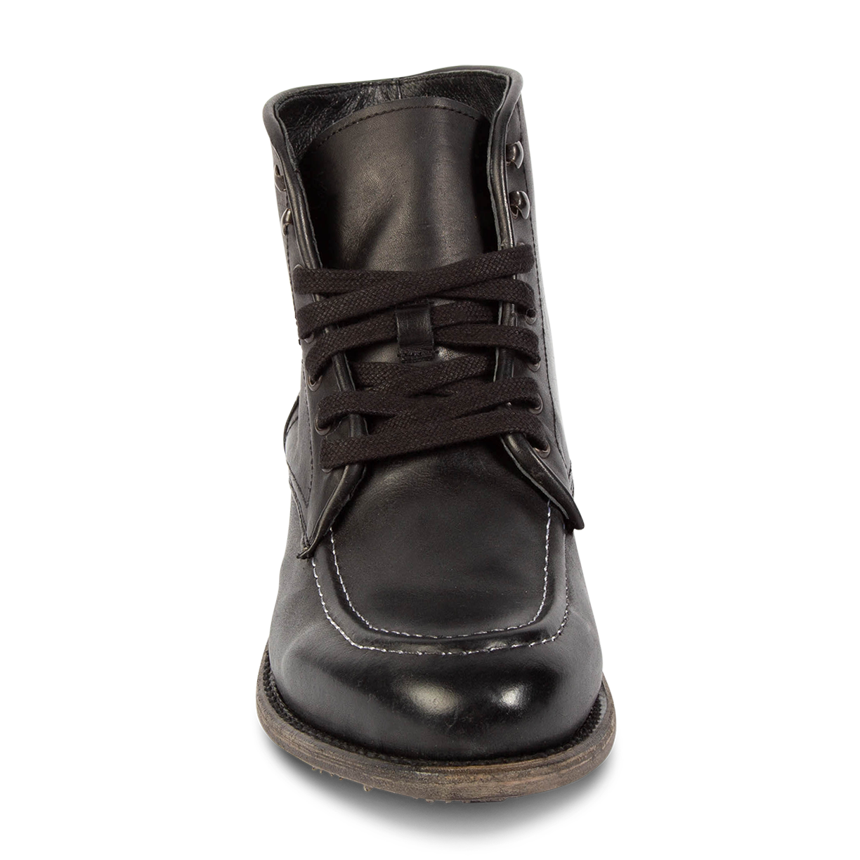 Front view showing leather tongue construction and adjustable leather lace closure on FREEBIRD men's Benning black boot