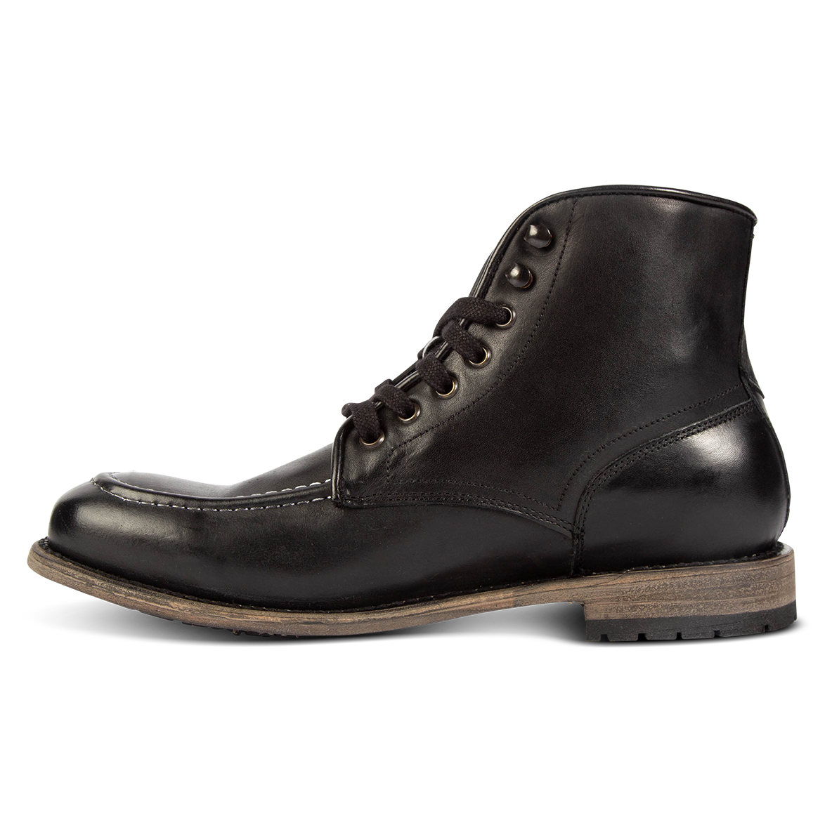 Inside view showing leather body and leather tread sole on FREEBIRD men's Benning black boot