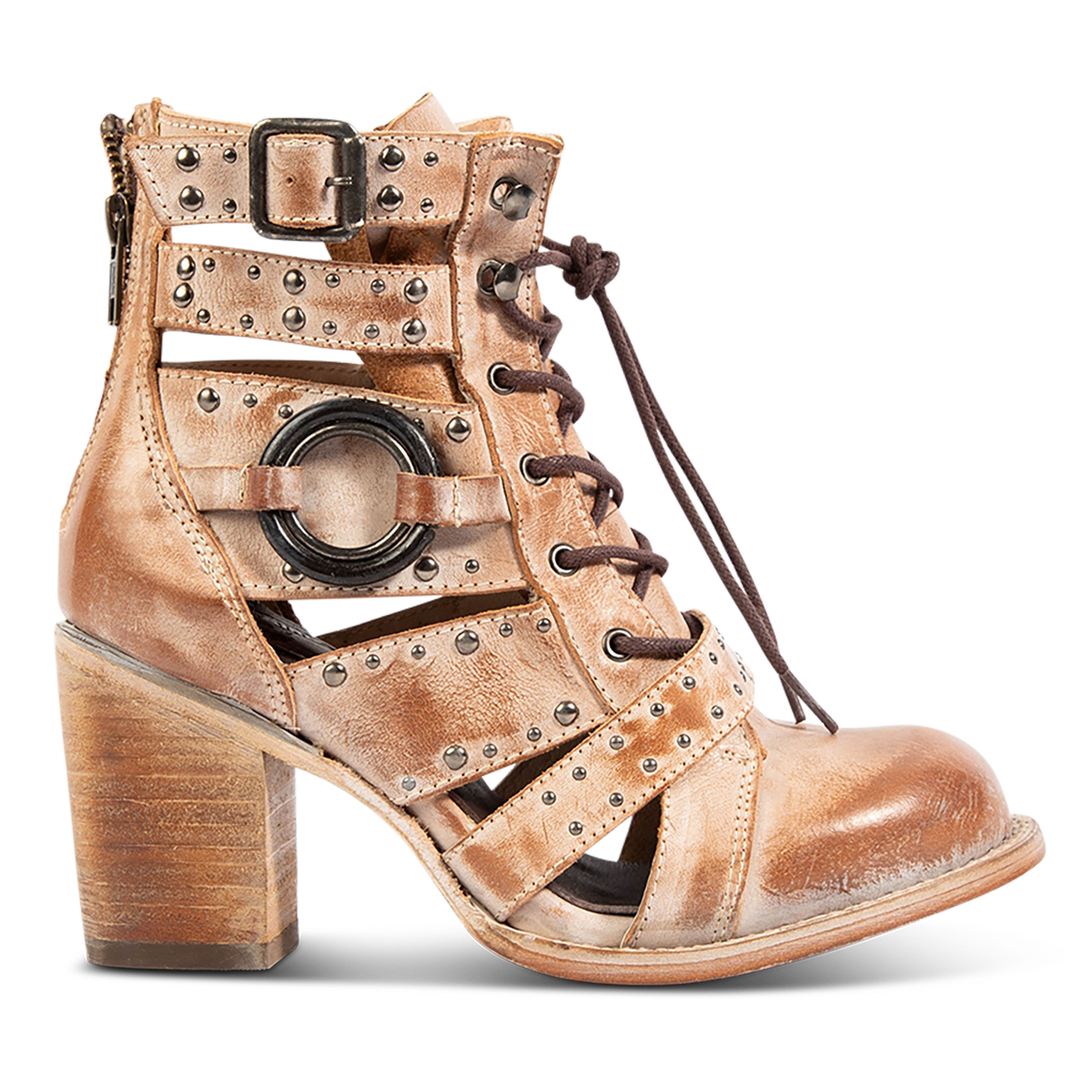 FREEBIRD women's Birch taupe leather bootie with adjustable front tie lacing, stacked heel and round toe construction