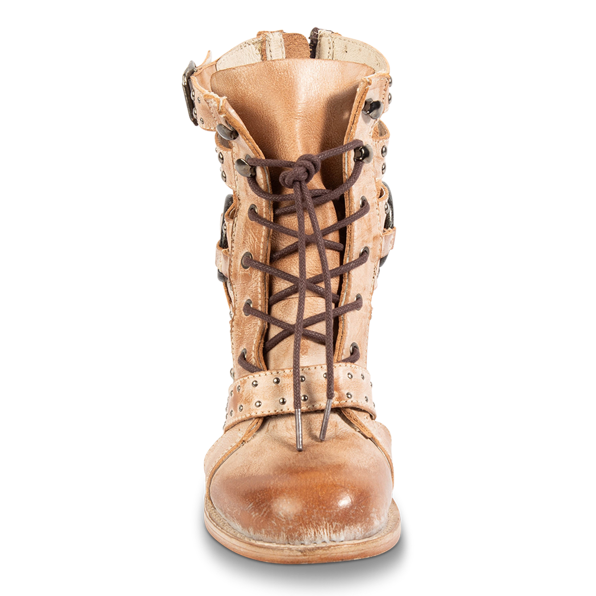 Front view showing FREEBIRD women's Birch taupe leather bootie with adjustable front tie lacing, embossed studs and round toe construction