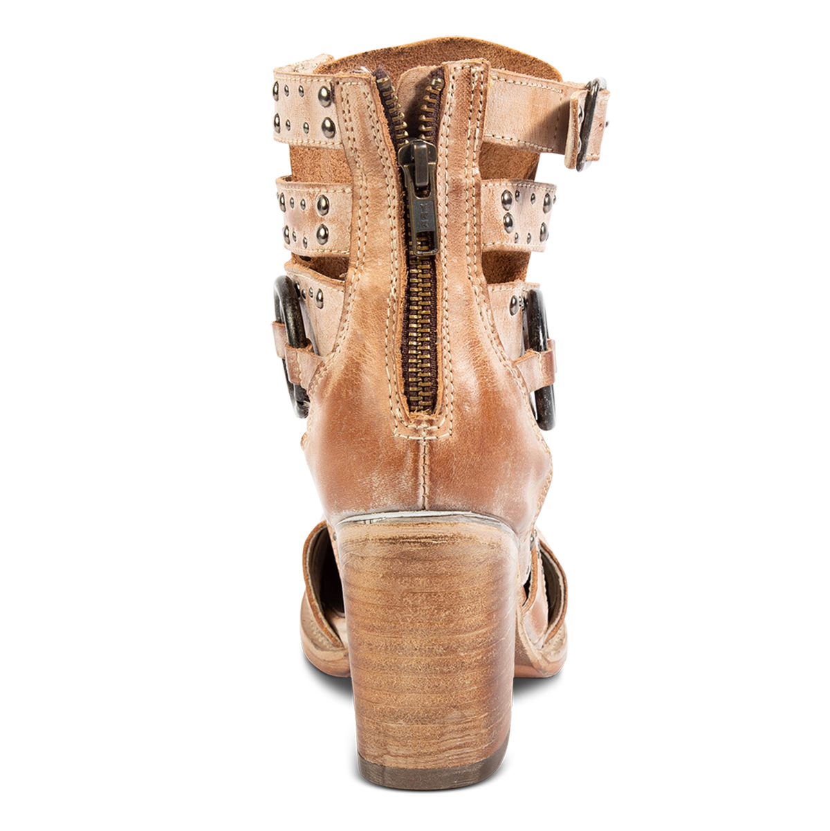 Back view showing FREEBIRD women's  BIRCH taupe leather bootie with a working back zipper, stacked heel and embossed studs