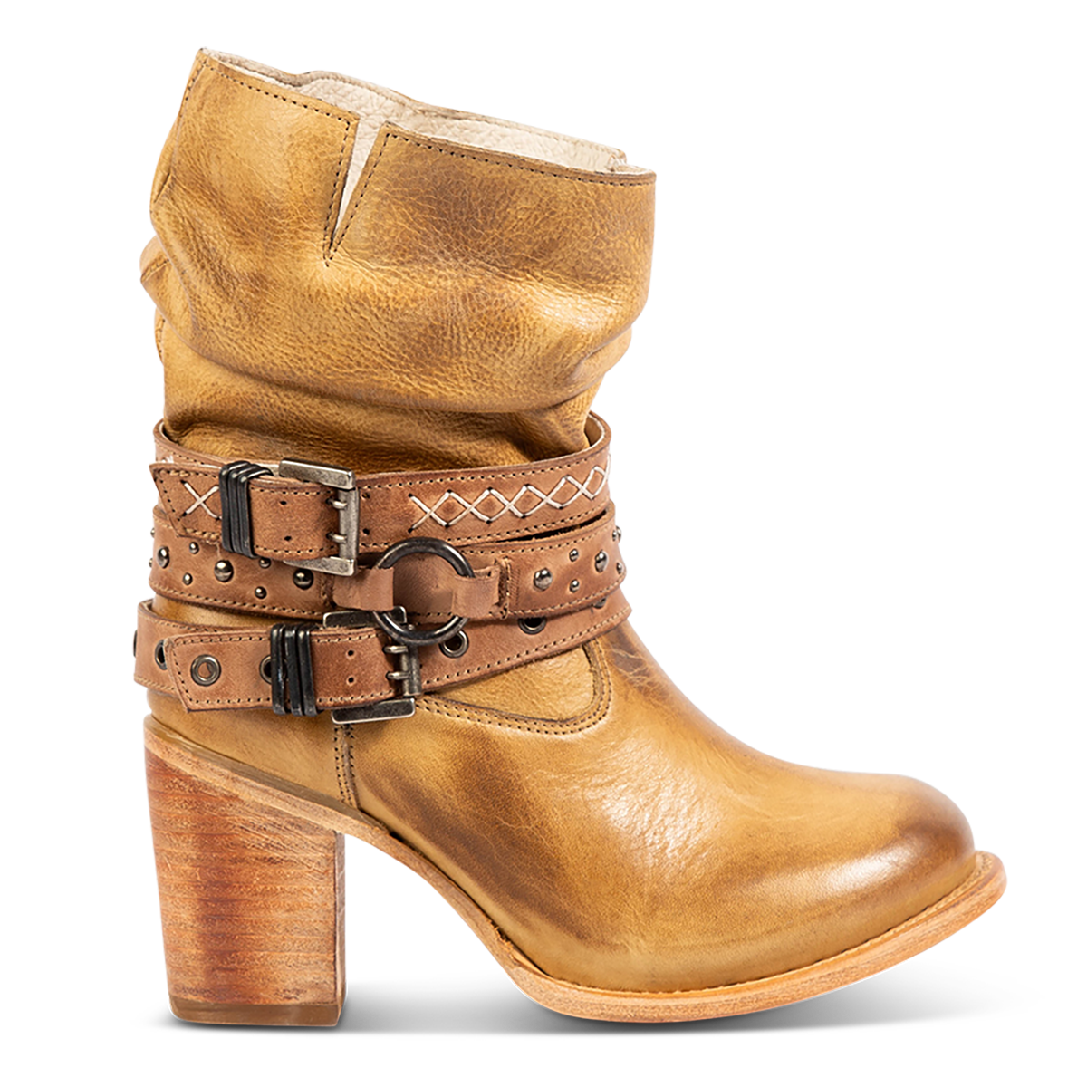 FREEBIRD women's Blaine beige leather bootie with adjustable shaft belts, round toe construction and inside working zipper