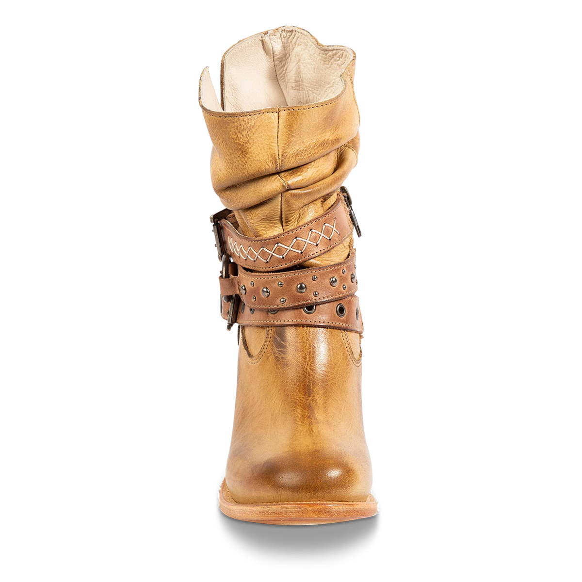 Front view showing a slouchy shaft, adjustable belts and round toe construction on FREEBIRD women's BLAINE beige leather bootie