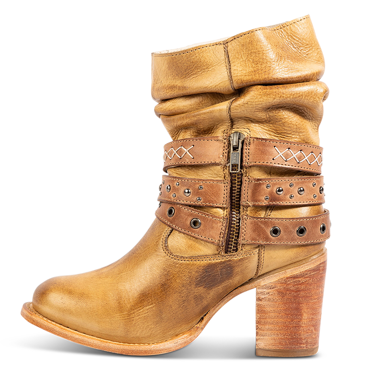 Inside view showing a working brass zipper, slouchy shaft and stacked heel on FREEBIRD women's Blaine beige leather bootie