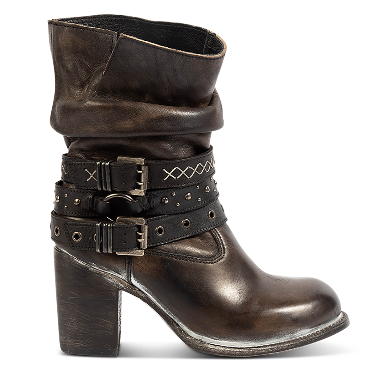 FREEBIRD women's Blaine black distressed leather bootie with adjustable shaft belts, round toe construction and inside working zipper