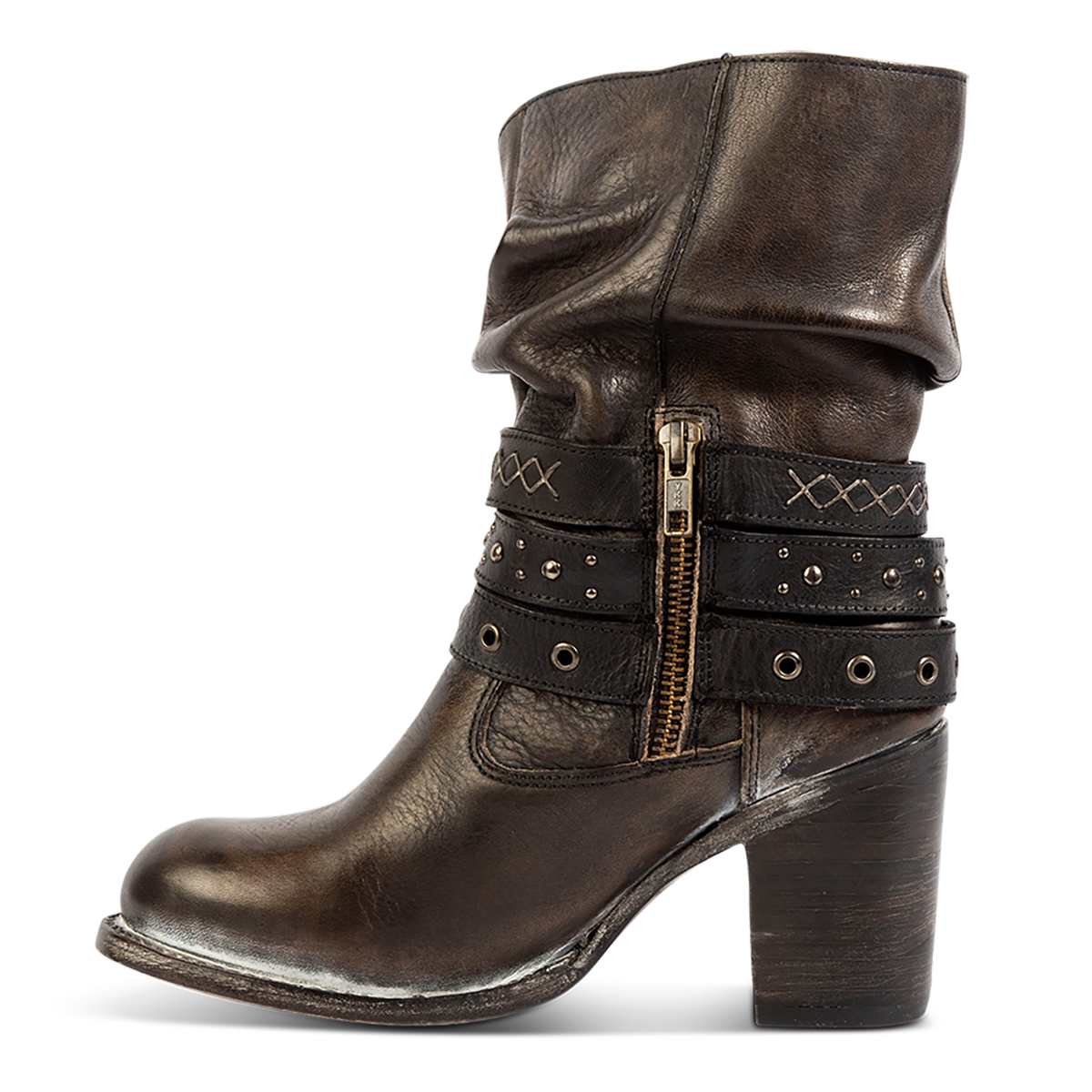 Inside view showing a working brass zipper, slouchy shaft and stacked heel on FREEBIRD women's Blaine black distressed leather bootie