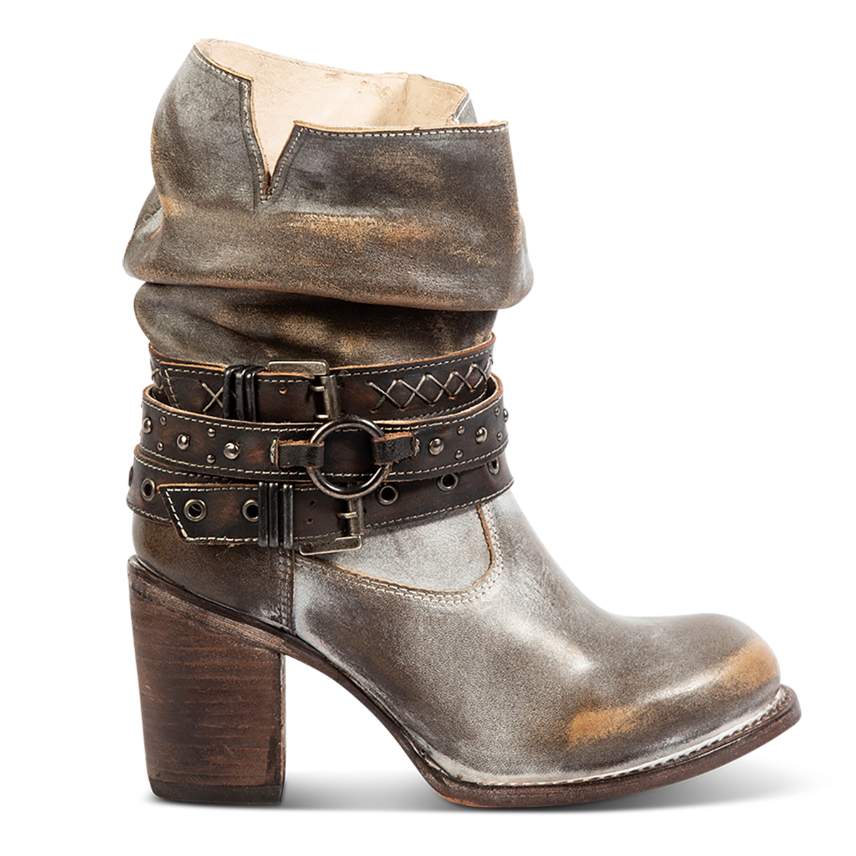 FREEBIRD women's Blaine ice leather bootie with adjustable shaft belts, round toe construction and inside working zipper