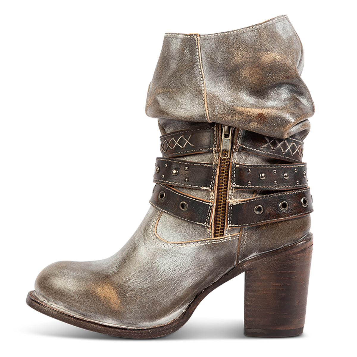 Inside view showing a working brass zipper, slouchy shaft and stacked heel on FREEBIRD women's Blaine ice leather bootie