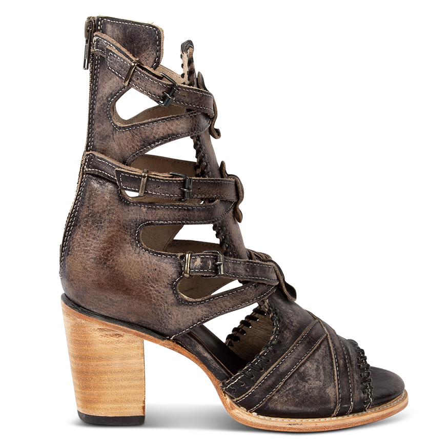 FREEBIRD women's Brave black distressed leather sandal with a stacked heel, open toe construction and adjustable leather shaft belts