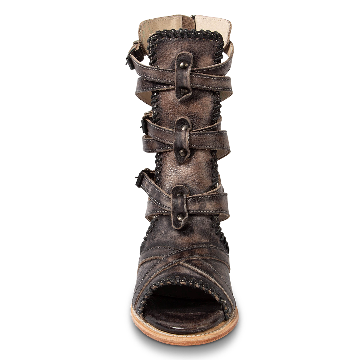 Front view showing FREEBIRD women's Brave black distressed leather sandal with a stacked heel, open toe construction and adjustable leather shaft belts