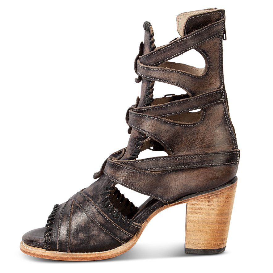 Inside view showing FREEBIRD women's Brave black distressed leather sandal with a stacked heel, adjustable shaft belts and open toe construction