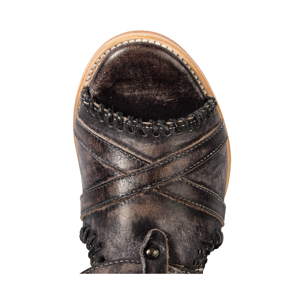 Top view showing FREEBIRD women's Brave black distressed leather sandal with an open toe construction and whip stitch detailing