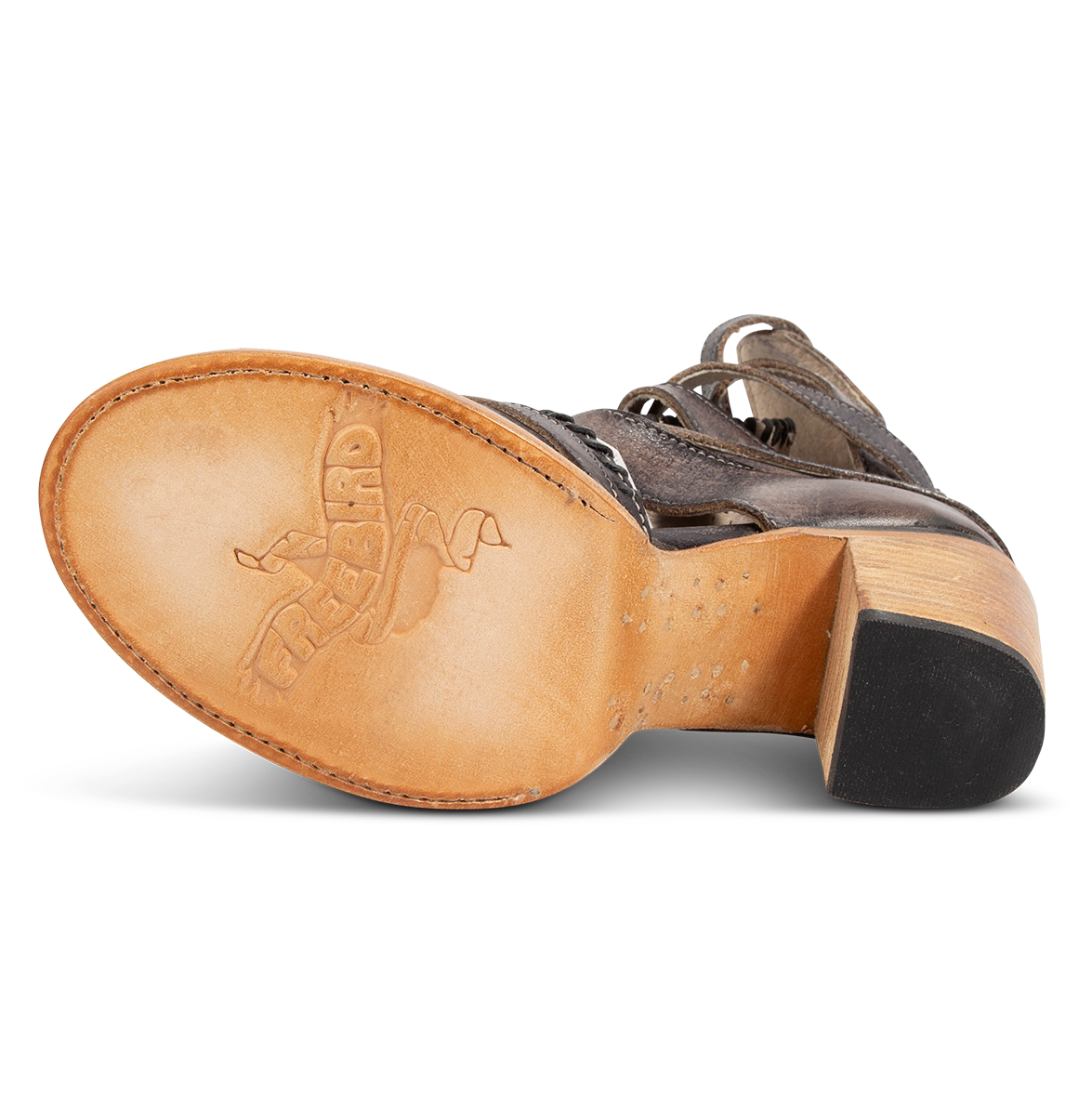 Leather sole imprinted with FREEBIRD on women's Brave black distressed leather sandal