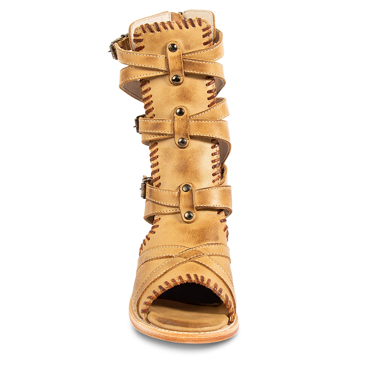 Front view showing FREEBIRD women's Brave natural leather sandal with a stacked heel, open toe construction and adjustable leather shaft belts