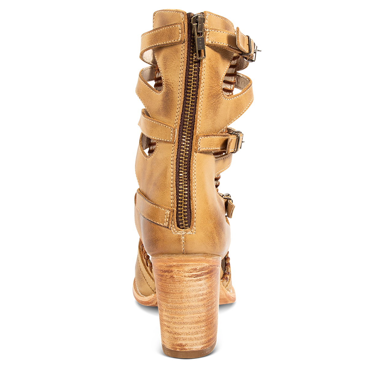 Back view showing a working brass zipper and stacked heel on FREEBIRD women's Brave natural leather sandal