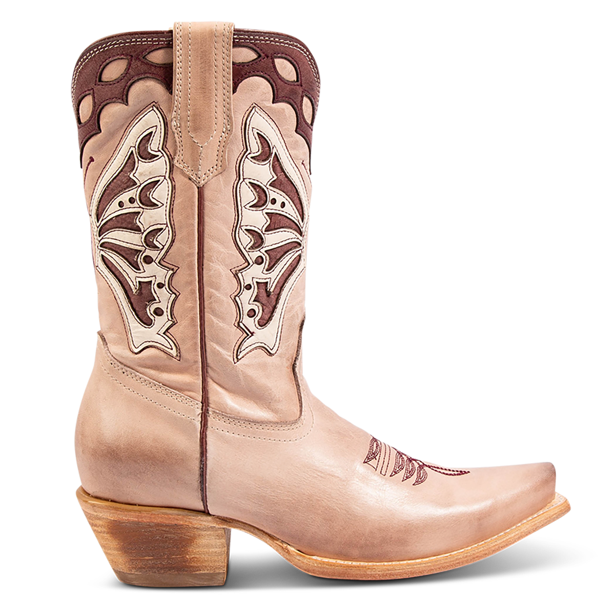 FREEBIRD women's Butterfly blush multi leather boot with laser cut detailing, a slant heel and snip toe construction