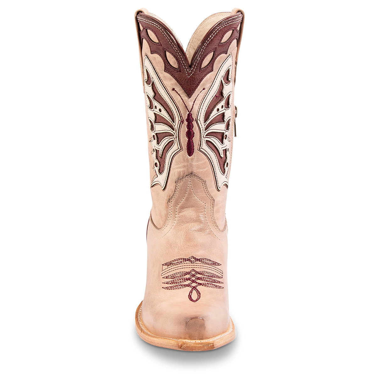 Front view showing FREEBIRD women's Butterfly blush multi leather boot with laser cut detailing and intricate stitching with leather pull straps