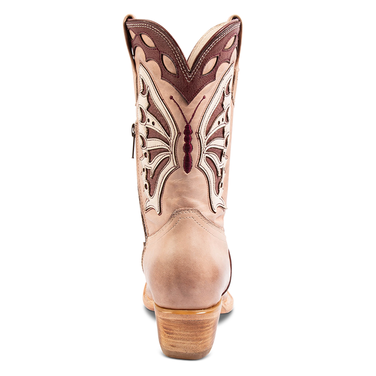 Back view showing FREEBIRD women's Butterfly blush multi leather boot with a slant heel, intricate stitching and laser cut detailing and leather pull straps