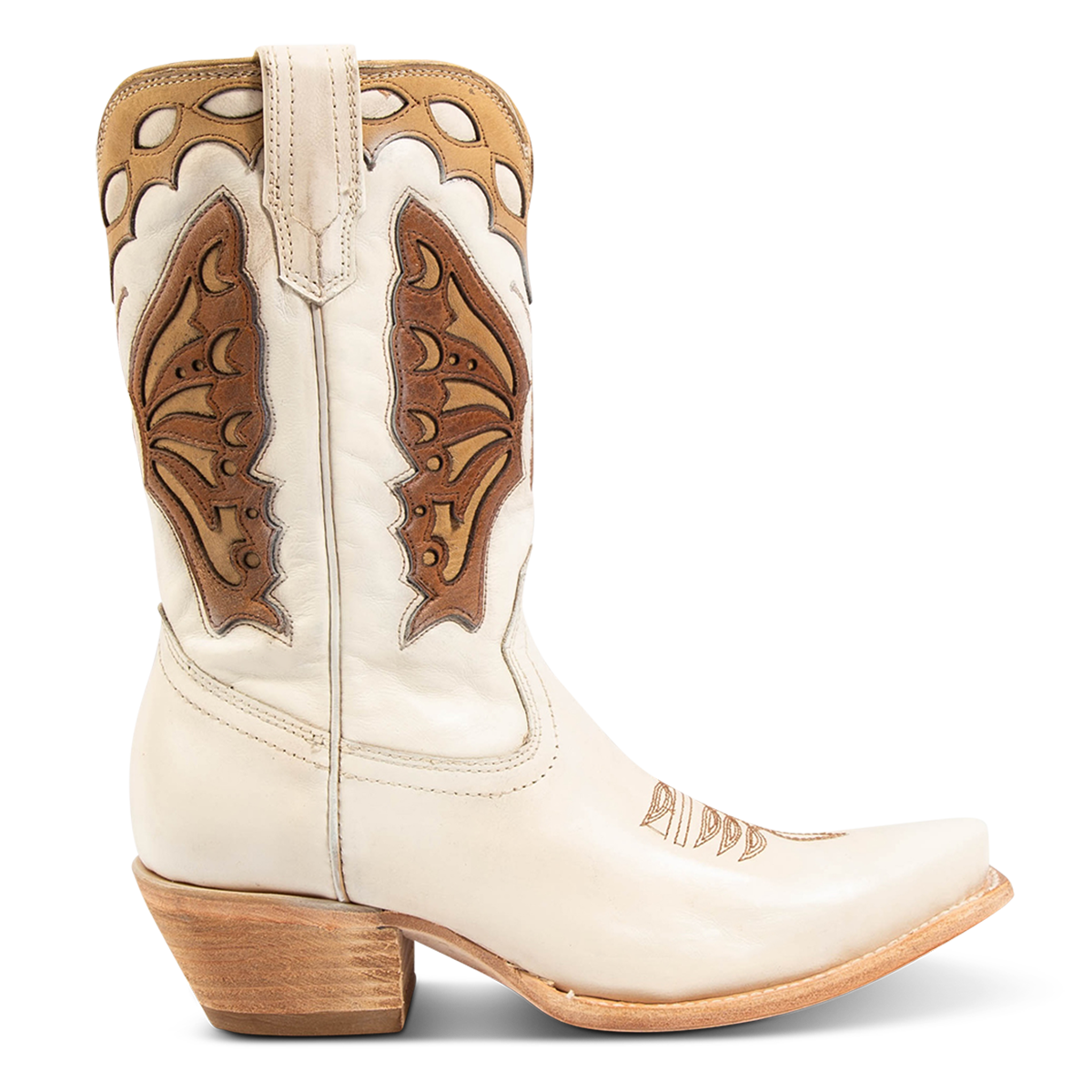 FREEBIRD women's Butterfly bone multi leather boot with laser cut detailing, a slant heel and snip toe construction