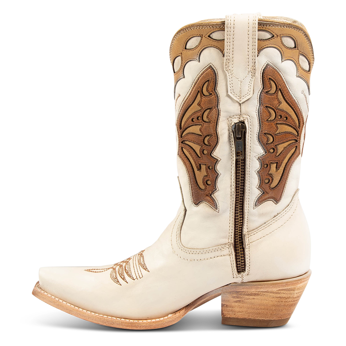 Inside view showing FREEBIRD women's Butterfly bone multi leather boot with a slant heel, inside working brass zipper and laser cut detailing