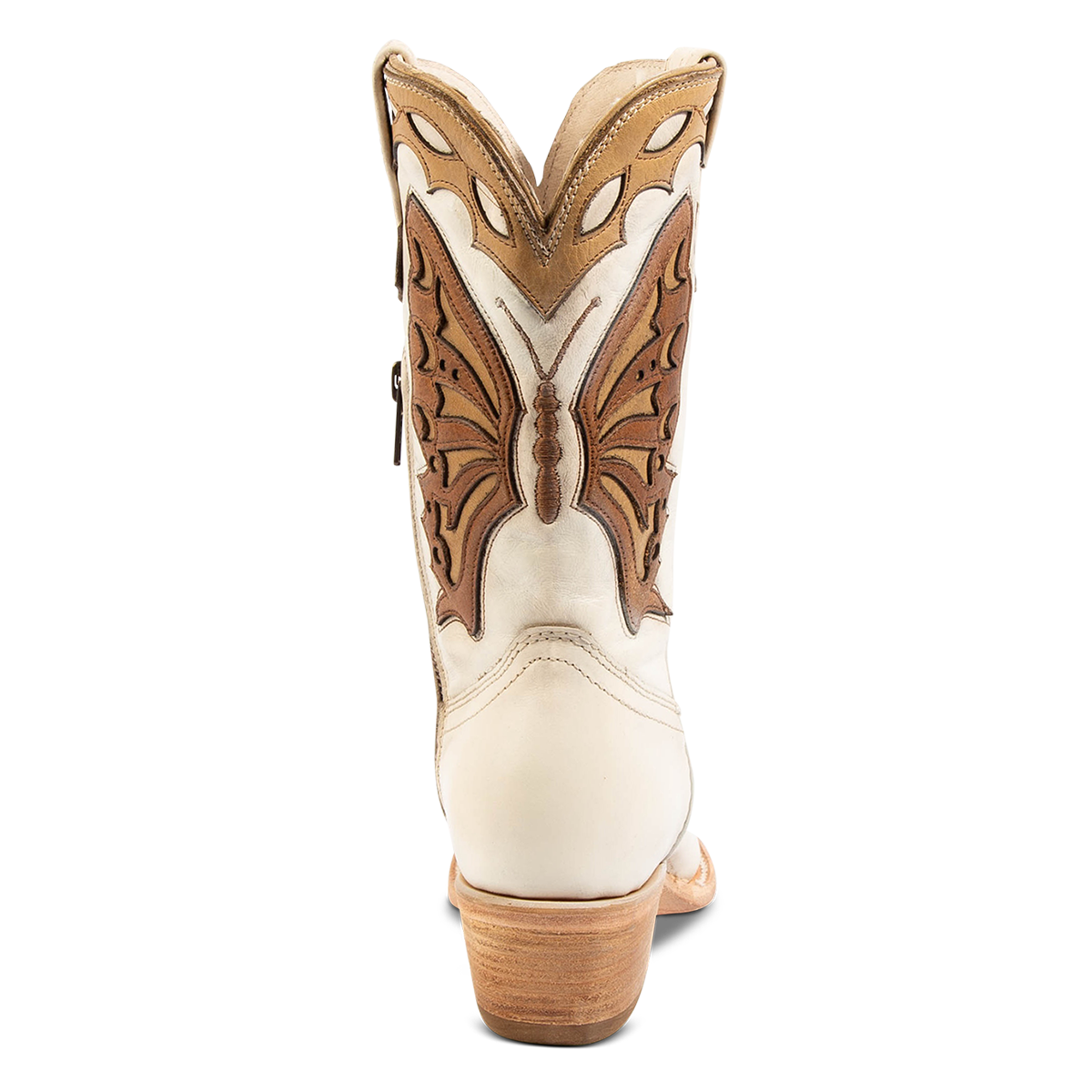 Back view showing FREEBIRD women's Butterfly bone multi leather boot with a slant heel, intricate stitching and laser cut detailing and leather pull straps