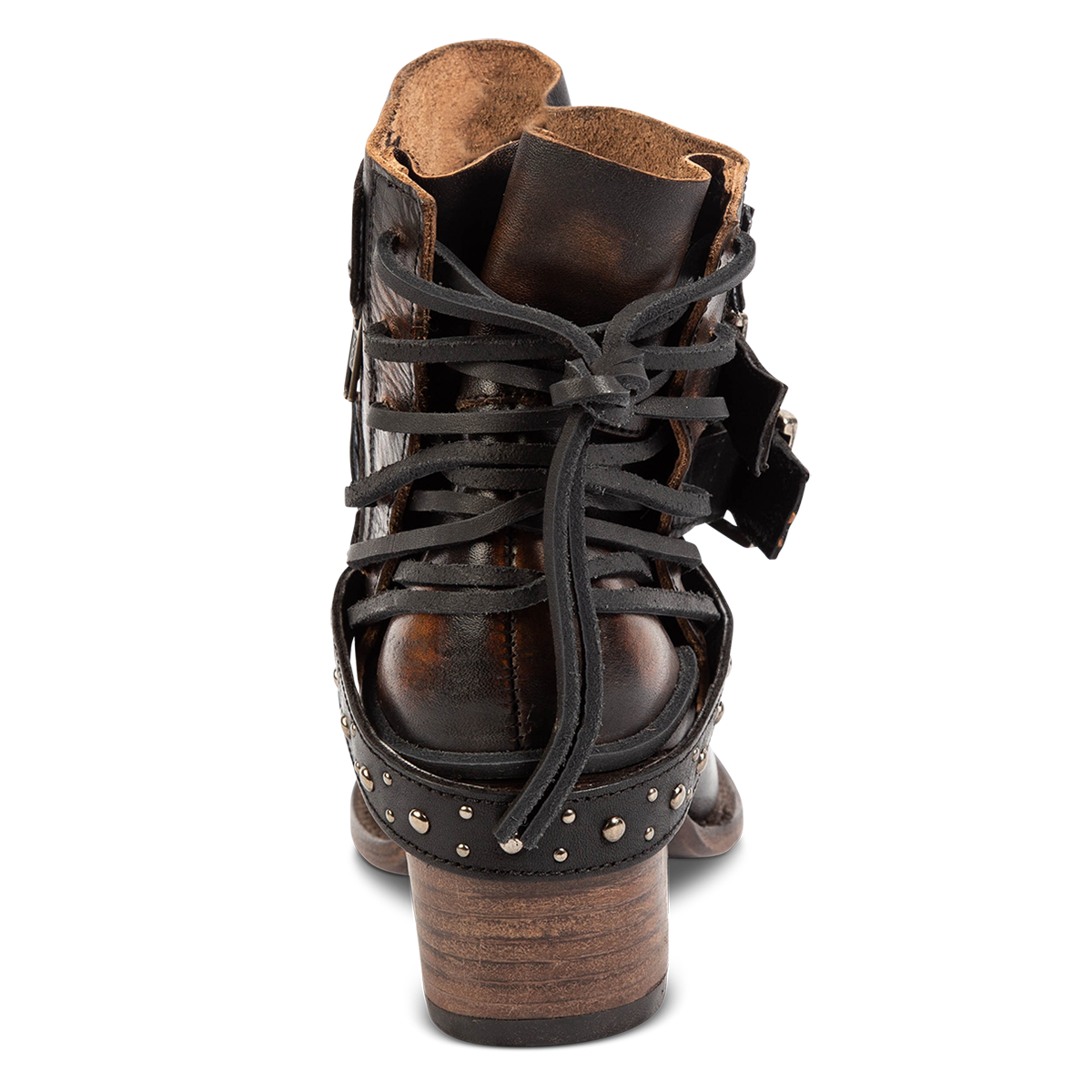 Back view showing FREEBIRD women's Caspian black multi leather bootie with back tie lacing, round toe construction and adjustable shaft belts