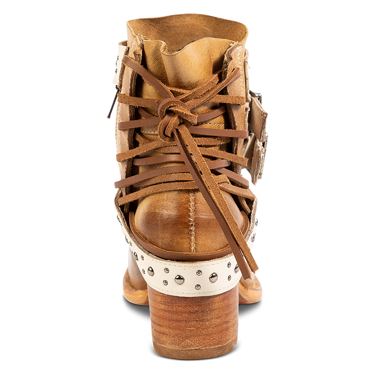 Back view showing FREEBIRD women's Caspian natural multi leather bootie with back tie lacing, round toe construction and adjustable shaft belts