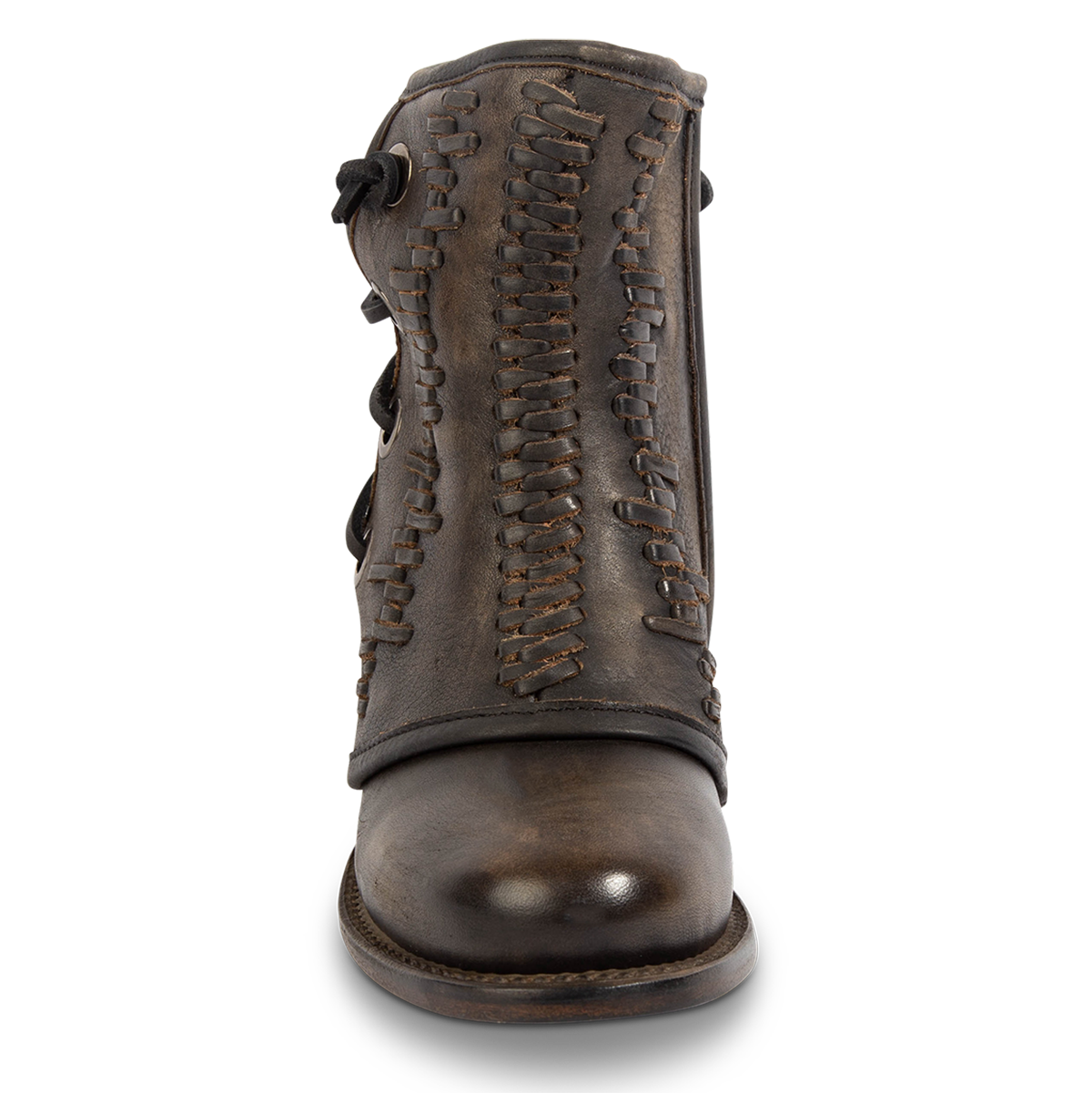 Front view showing FREEBIRD women's Cedrick black distressed leather bootie with a leather shaft overlay, round toe construction and Goodyear welt 