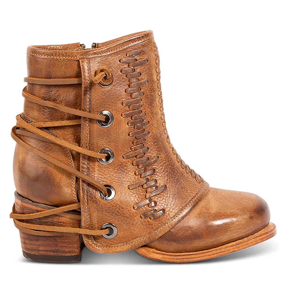 FREEBIRD women's Cedrick tan leather bootie with a leather shaft overlay, back leather lacing and round toe construction