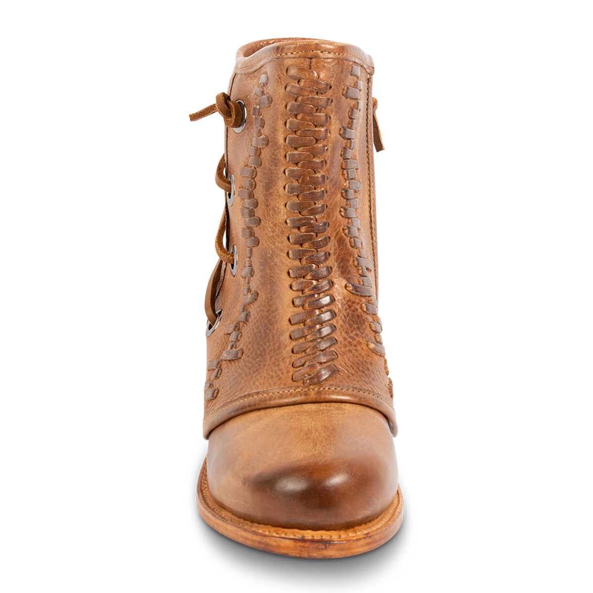 Front view showing FREEBIRD women's Cedrick tan leather bootie with a leather shaft overlay, round toe construction and Goodyear welt 