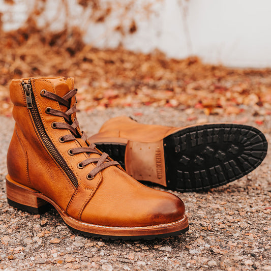 FREEBIRD men's Chevy tan leather boot with Goodyear welt and rubber tread sole, double paired zip closures and adjustable front lacing