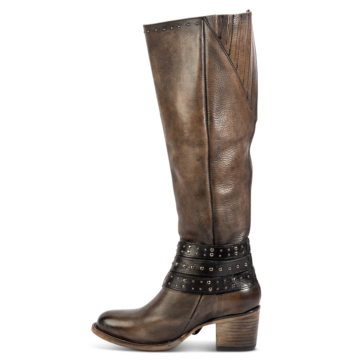 Inside view showing FREEBIRD women's Cleo black distressed leather tall boot with decorate belts, embossed studs and gore detailing