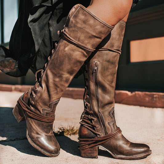 FREEBIRD women’s Coal stone leather knee high adjustable back lacing boot