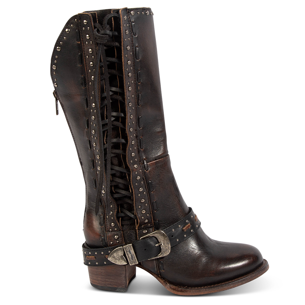 FREEBIRD women's Contour black leather boot with adjustable side lacing, instep belt and low block heel