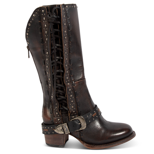 FREEBIRD women's Contour black leather boot with adjustable side lacing, instep belt and low block heel