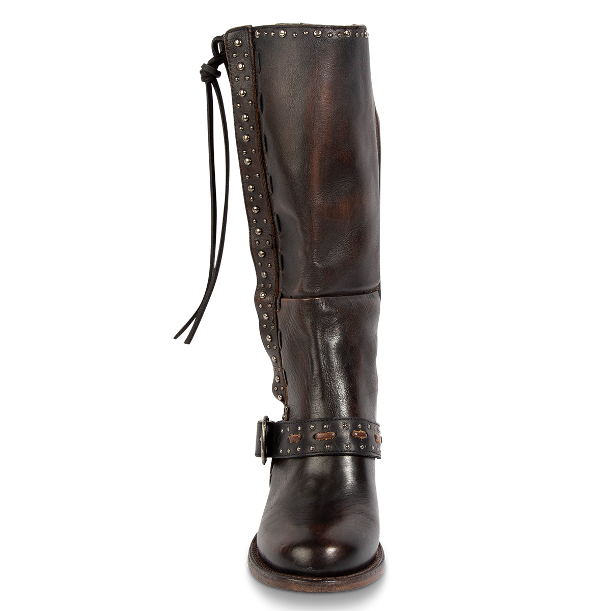 Front view showing FREEBIRD women's Contour black leather boot with adjustable side lacing, instep belt and round toe construction