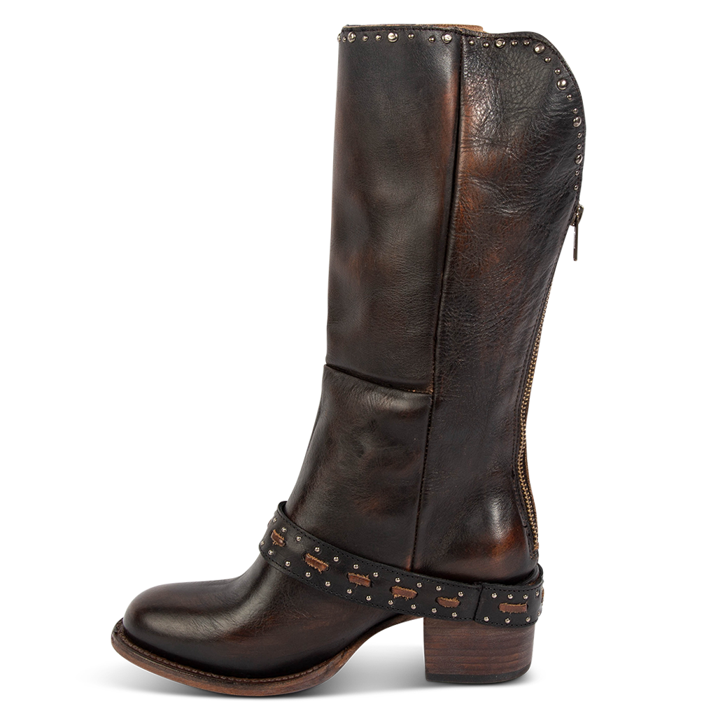 Inside view showing FREEBIRD women's Contour black leather boot with embossed studs, working back zipper and block heel